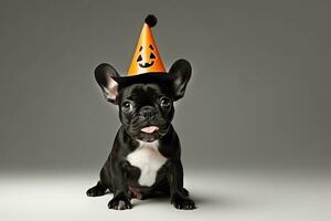 schattig puppy hond vervelend halloween hoed, geïsoleerd Aan grijs achtergrond, ai gegenereerd foto