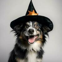 schattig hond vervelend halloween hoed, geïsoleerd Aan wit achtergrond, ai gegenereerd foto