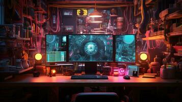 generatief ai, computer Aan de tafel in cyberpunk stijl, nostalgisch jaren 80, jaren 90. neon nacht lichten levendig kleuren, fotorealistisch horizontaal illustratie van de futuristische interieur. technologie concept. foto