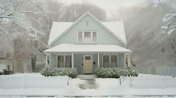 generatief ai, huis voorkant in de winter met Kerstmis decoratie, krans en guirlande. sneeuw knus seizoen foto