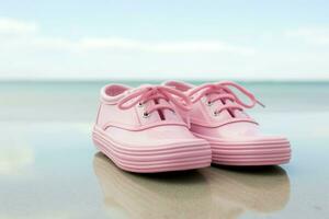 roze strand schoenen Aan zand. genereren ai foto