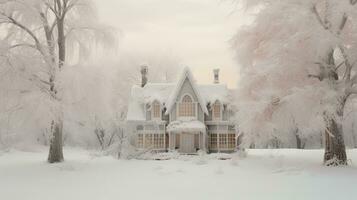 generatief ai, huis voorkant in de winter met Kerstmis decoratie, krans en guirlande. sneeuw knus seizoen foto