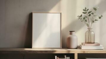 generatief ai, poster kader mockup in beige en bruin leven kamer interieur, wabi sabi minimalisme stijl foto