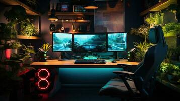 generatief ai, computer Aan de tafel in cyberpunk stijl, nostalgisch jaren 80, jaren 90. neon nacht lichten levendig kleuren, fotorealistisch horizontaal illustratie van de futuristische interieur. technologie concept. foto