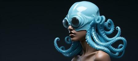 generatief ai, vrouw in plastic blauw Octopus Leuk vinden masker, hoog tech futurisme, minimalistische schoonheid foto