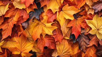 top visie van rood, oranje, en geel bladeren achtergrond, gedaald bladeren in herfst. gemaakt met ai generatief. foto