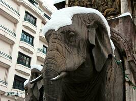 majestueus winter olifant standbeeld in kamerachtig fontein foto