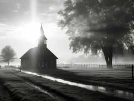 een klein kerk in de platteland Aan een mistig ochtend- met mooi zonlicht in voorkant, zwart en wit foto generatief ai