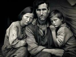 zwart en wit foto vastleggen de worstelt van een arm familie gedurende de Super goed depressie generatief ai