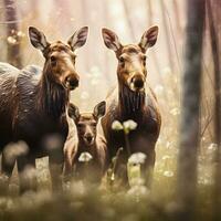 sereen voorjaar generatief ai beeld van eland familie temidden van Canadees wildernis foto