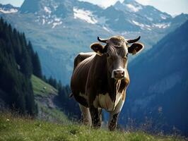 ai gegenereerd landschap majestueus koe begrazing in de alp bergen foto