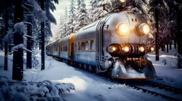 retrofuturistisch steampunk trein te midden van Siberisch bevroren Woud generatief ai foto