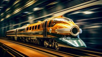 retrofuturistisch steampunk trein in hoog snelheid pannen schot generatief ai foto