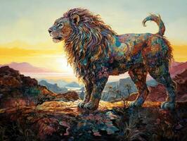 een veelkleurig fantastisch leeuw in een surrealistische landschap generatief ai foto