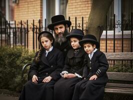 een chassidisch Jood gekleed in zwart met een baard en zijn drie kinderen generatief ai foto