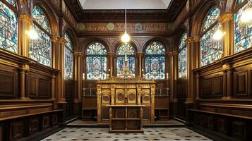 interieur van een Engels synagoge in de stijl van vorsten weg synagoge in Liverpool generatief ai foto