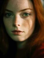 betoverend portret van een mooi rood haren vrouw met boeiend licht ogen generatief ai foto