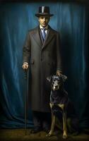 elegant zwart Mens met Amerikaans stijl jas en groot hond generatief ai foto