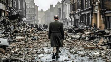 veerkracht temidden van chaos elegant Mens wandelen door Tweede Wereldoorlog gebombardeerd stad puin generatief ai foto