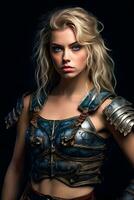 krijger meisje een mooi jong vrouw gladiator viking met blond haar- en blauw ogen generatief ai foto
