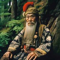 oude wijsheid portret van een ainu ouderling in traditioneel jurk generatief ai foto