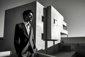 elegant Mens in zwart en wit pak tegen minimalistische architectuur en zonlicht, generatief ai foto