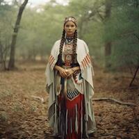 ai-gegenereerd portret van noorden Amerikaans inheems vrouw in traditioneel kleding foto