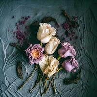nog steeds leven wit en Purper rozen Aan verfrommeld vel, symbool van teleurgesteld liefde. generatief ai. foto