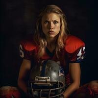 Amerikaans schoonheid portret van een vrouw Amerikaans voetbal speler. generatief ai. foto