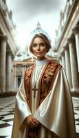 portret van een mooi jong vrouw net zo de nieuw paus. generatief ai. foto