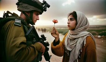 Palestijn vrouw aanbieden vrede bloem naar Israëlisch soldaat. generatief ai. foto