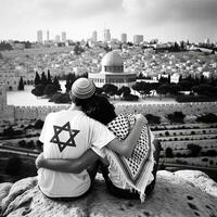 Israëlisch en Palestijn tiener- vrienden in Jeruzalem. generatief ai. foto