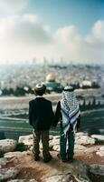symbool van vrede Joods en Palestijn vrienden in Jeruzalem. generatief ai foto