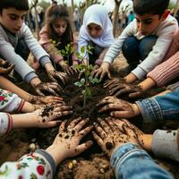 titel Joods en Palestijn kinderen symbolen van vriendschap, vrede, en verzoening. generatief ai. foto