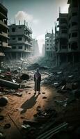 eenzaam Mens in door oorlog verscheurd Arabisch stad. generatief ai foto