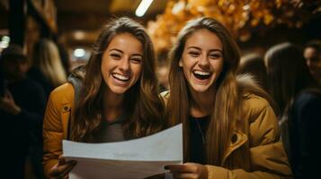 twee gelukkig meisjes geslaagd de Ingang examens controle lijst van studenten en ingevoerde de instituut. foto