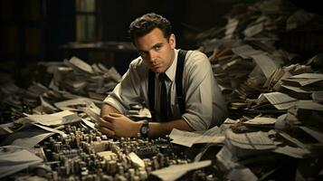 retro foto van bankier in zijn kantoor met knoeien van papieren.