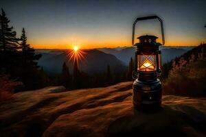 een lantaarn is lit Aan een berg Bij zonsondergang. ai-gegenereerd foto
