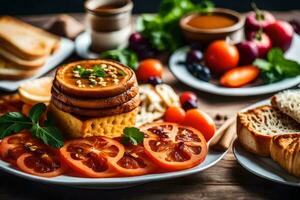 een bord van voedsel met brood, tomaten en andere ingrediënten. ai-gegenereerd foto