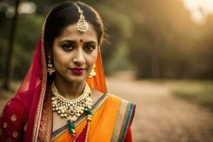 een mooi Indisch vrouw in een oranje sari. ai-gegenereerd foto