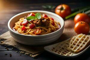 spaghetti met vlees en tomaten in een schaal. ai-gegenereerd foto