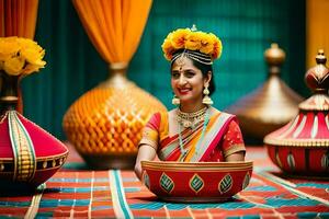 een vrouw in traditioneel Indisch kleding zit in voorkant van een schaal. ai-gegenereerd foto