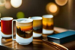drie koffie cups met een afbeelding van een berg Aan hen. ai-gegenereerd foto