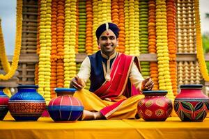 een Mens in traditioneel Indisch kleding zit Aan een geel tafel met kleurrijk potten. ai-gegenereerd foto