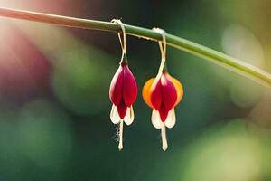 rood en geel bloemen hangende van een stang. ai-gegenereerd foto