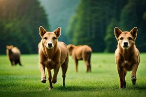 drie bruin honden rennen in de gras. ai-gegenereerd foto