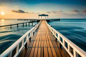 een houten pier Leidt naar de oceaan Bij zonsondergang. ai-gegenereerd foto