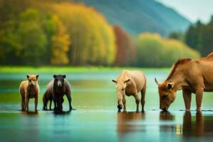 een groep van paarden drinken water in een meer. ai-gegenereerd foto