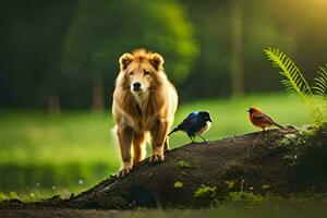 een leeuw en een vogel staand Aan een rots in de midden- van een Woud. ai-gegenereerd foto