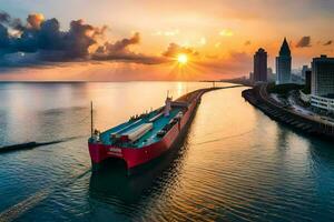 een lading schip in de water Bij zonsondergang. ai-gegenereerd foto